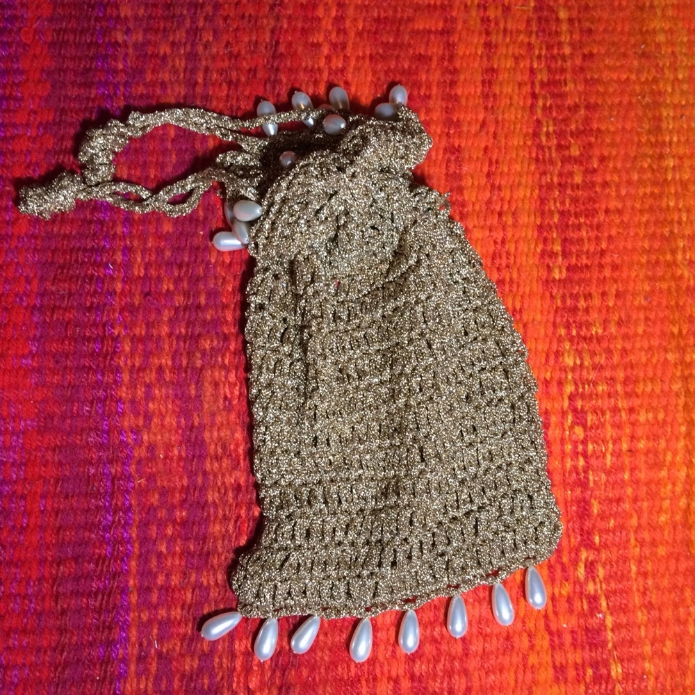 Authentic Vintage 60s Gold & Beaded Drawstring Bag
